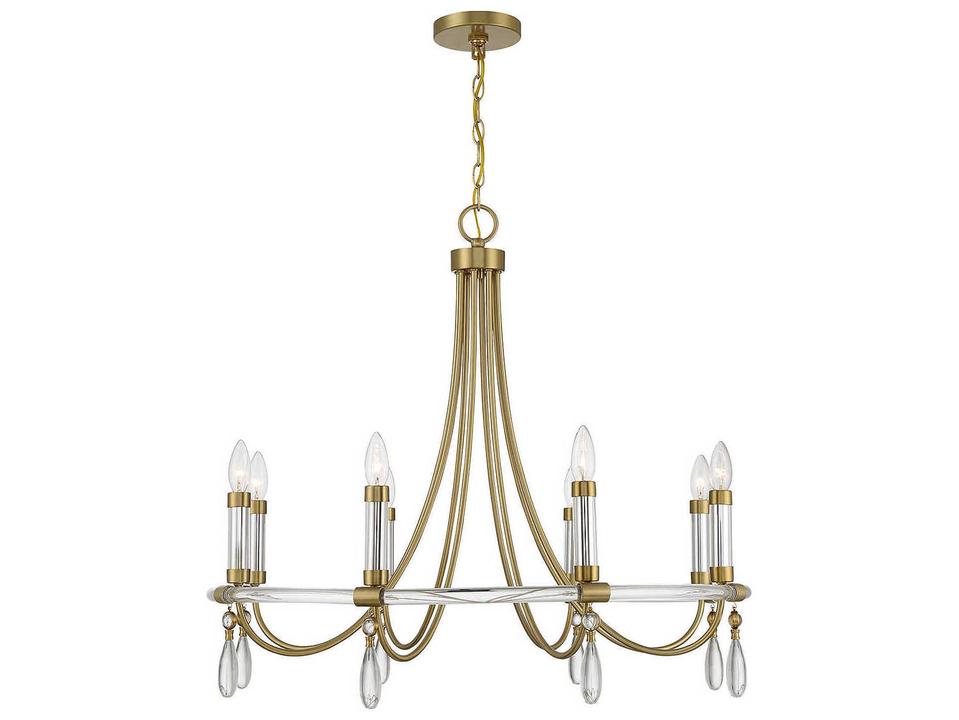 8-Light Mayfair Chandelier in Warm Brass and Chrome with Crystal Drops