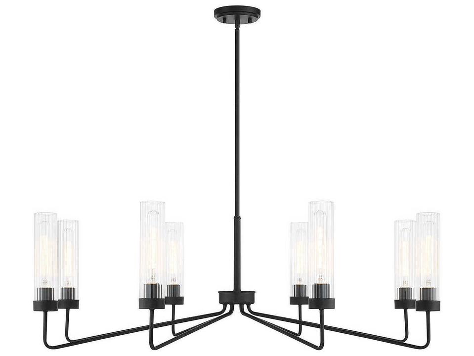 8-Light Baker Chandelier in Matte Black with Clear Ribbed Glass