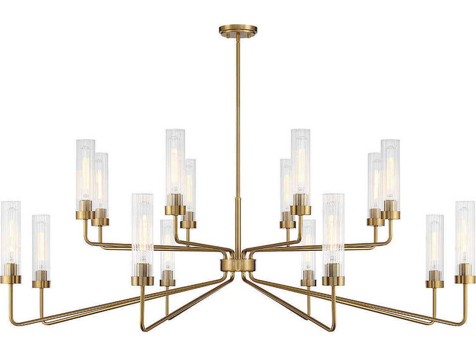 16-Light Baker Chandelier in Warm Brass with Clear Ribbed Glass