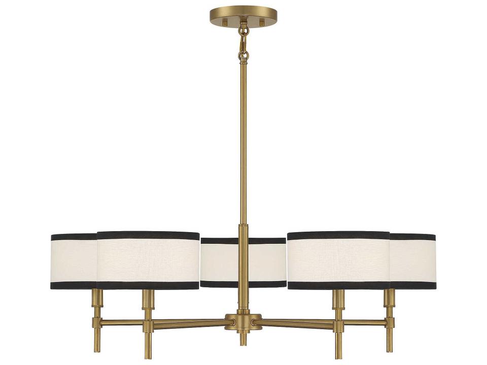 Meridian 5-Light Chandelier in Natural Brass with White Fabric Shades