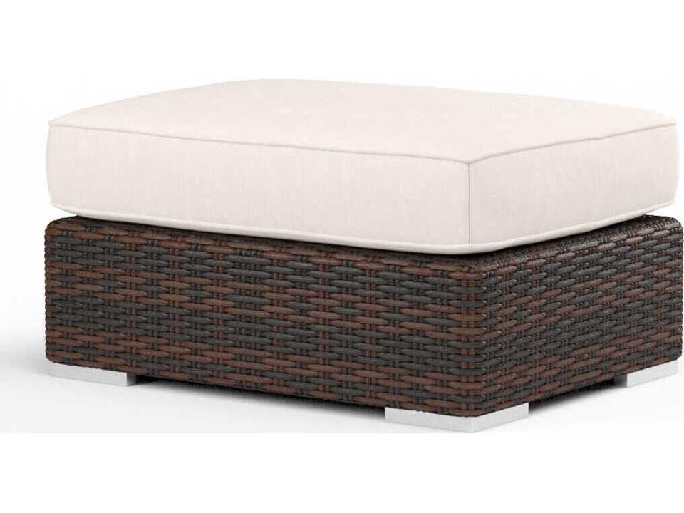 Montecito Cognac Wicker Ottoman with Sunbrella Canvas Flax Cushion