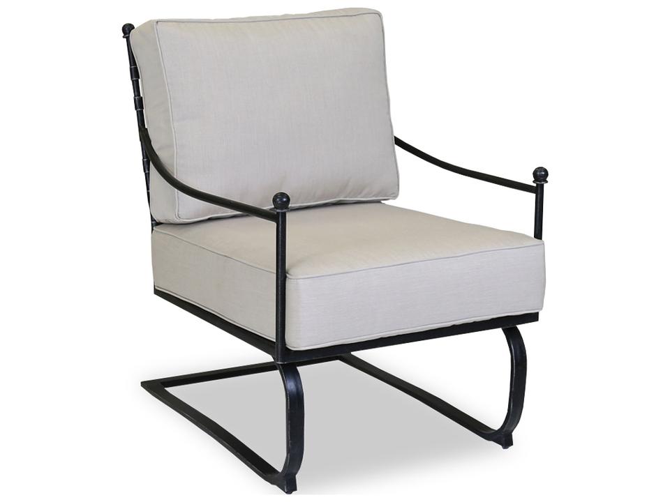 Provence Wrought Iron Outdoor Spring Club Chair in Century Pewter and Canvas Flax