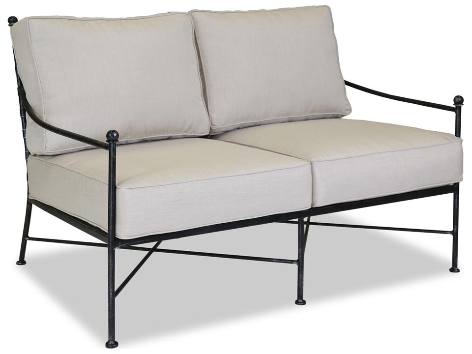 Provence Wrought Iron Outdoor Loveseat in Century Pewter with Canvas Flax Sunbrella