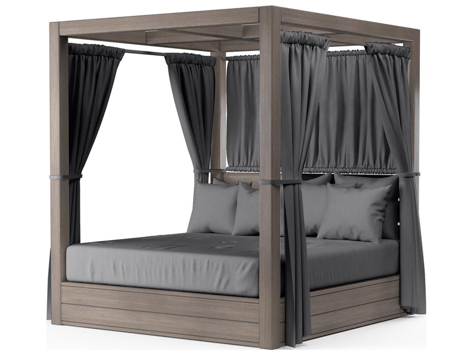 Laguna Resort King Aluminum Daybed with Curtains in Hand-Brushed Driftwood