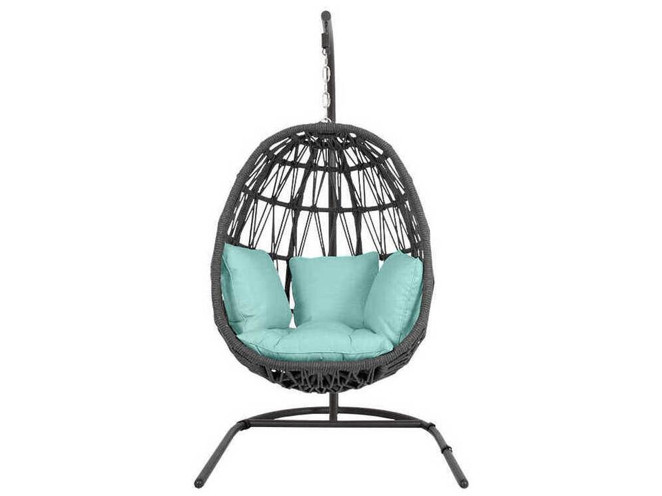 Milano Hanging Outdoor Accent Chair with Stand in Slate Rope and Dupione Celeste