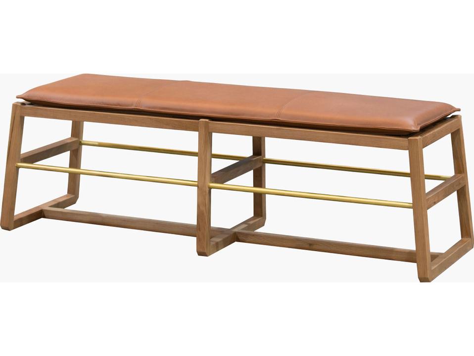 Richie Leather and Oak Bench with Brass Accents