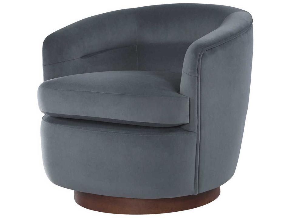 Leigh Swivel Accent Chair in Denim Fabric with Brown Wood Base