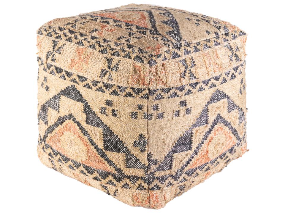 Luanda Hand Woven Jute and Wool Pouf in Black Light Beige Tan