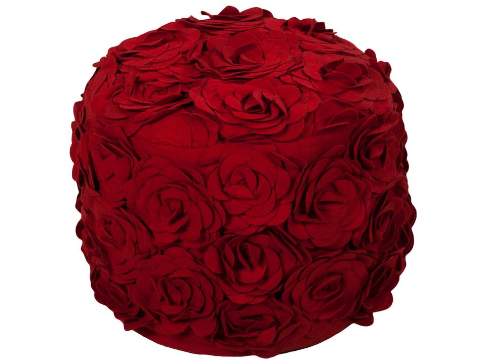 Felted Floral Round Pouf in Red with Wool and Polyester Fill