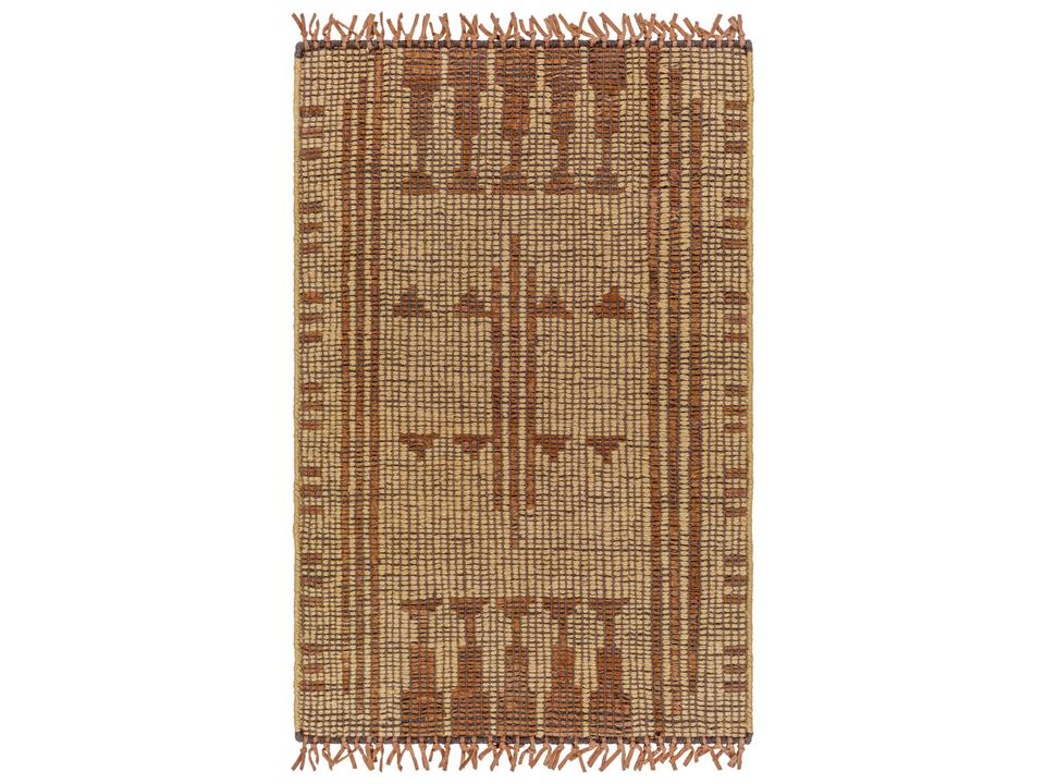 Touareg Geometric Hand Woven Jute and Leather Area Rug in Mustard Brown