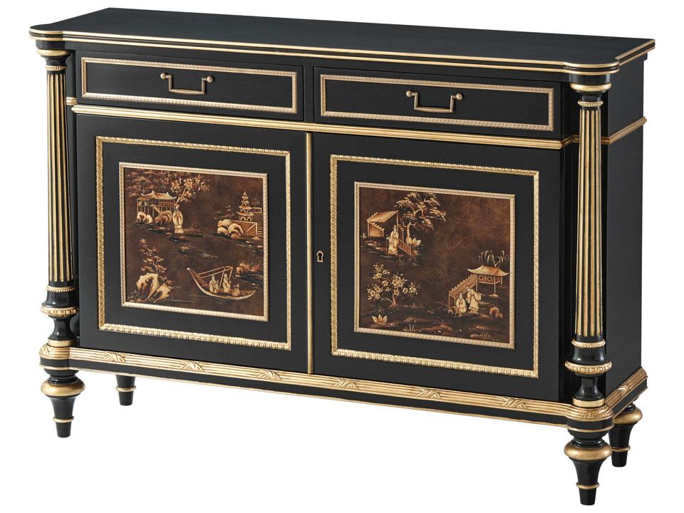 45" Mahogany Wood Chinoiserie Antique Gold Gilt Black Sideboard