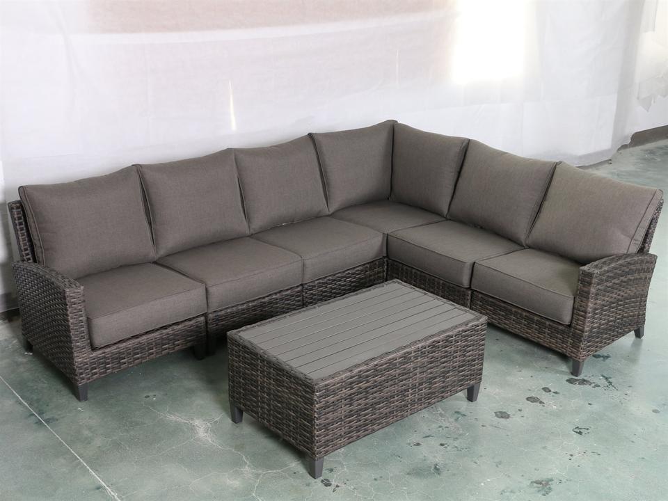 Barbados 6-Piece Modular Outdoor Wicker Sectional with Coffee Table and Gray Cushions
