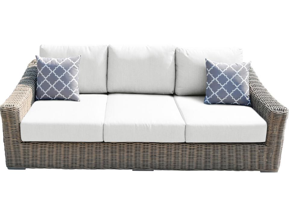 Tulum 3-Seat Olefin Cushion Sofa in White with Dark Beige Wicker