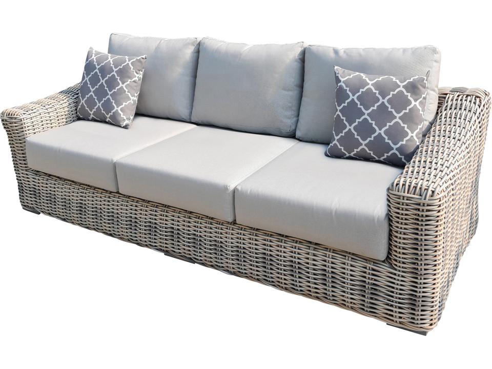 Hawaii Outdoor 3-Seat Resin Wicker Sofa in Brown with Light Silver Cushions