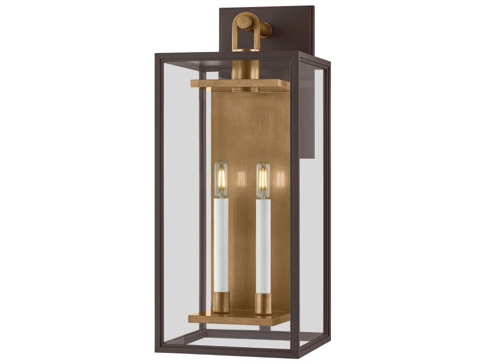 Arnold 2-Light Exterior Wall Sconce in Patina Brass and Textured Bronze with Clear Glass