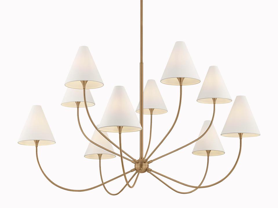 Evermore 10-Light Chandelier in Patina Brass with Linen Shades by Lauren Liess