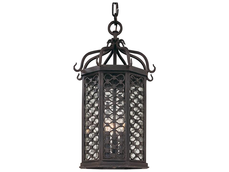 Los Olivos 3-Light Hanging Lantern in Textured Iron and Clear Seedy Glass