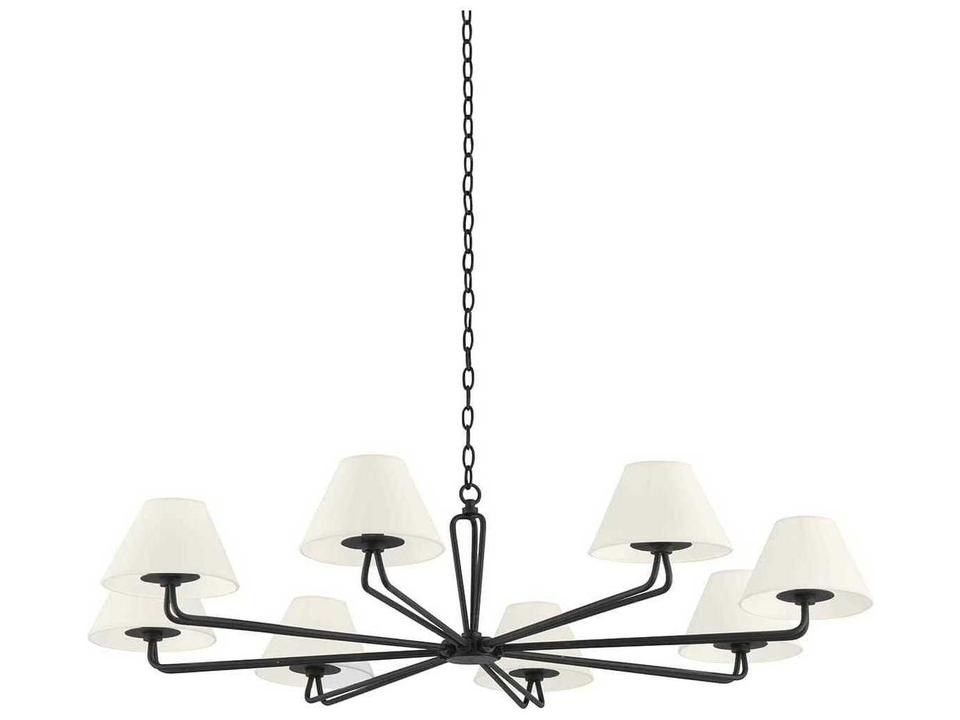 Ozias 8-Light Chandelier in Black Iron with White Linen Shades