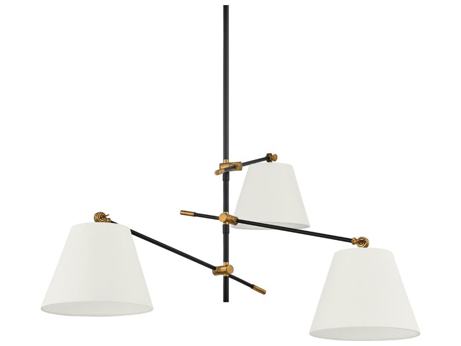 Navin 3-Light Chandelier in Patina Brass and Textured Black with Linen Shades