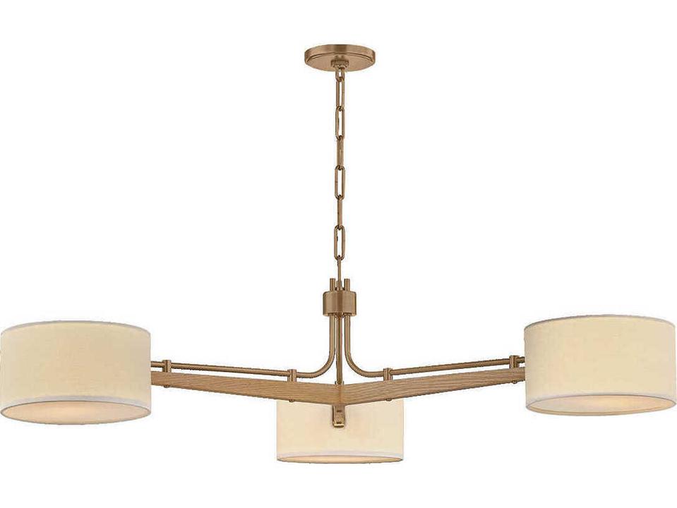 Mailo 3-Light Chandelier in Patina Brass and White Oak with White Linen Shades