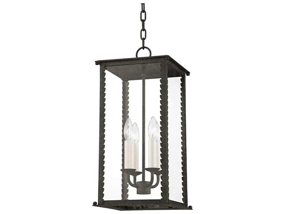 Zuma 4-Light Outdoor Lantern Pendant in French Iron with Clear Glass Panels