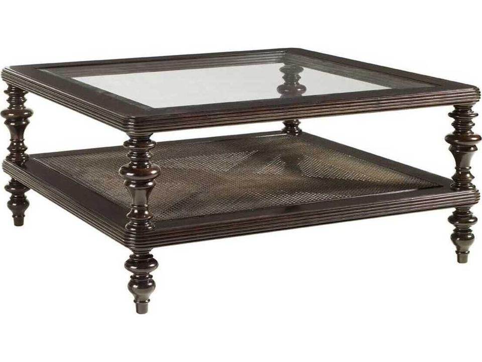 Royal Kahala Tropic Square Coffee Table in Kona Finish with Woven Wicker Shelf