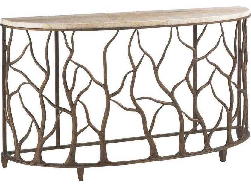 Bannister Garden Demilune Console Table in Travertine and Metal