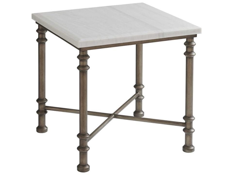 Ocean Breeze Flagler Square Marble Top End Table in White and Pewter