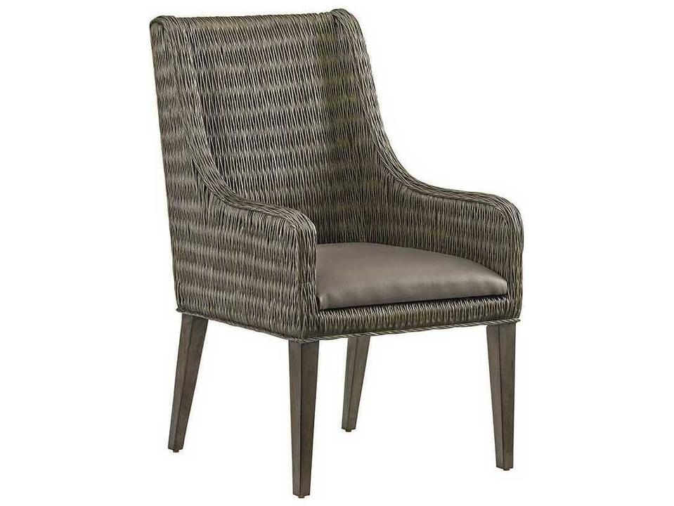 Brandon Woven Rattan Dining Arm Chair in Smoke Gray Synthetic Leather