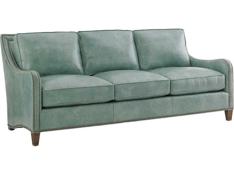Twin Palms Koko 3-Seat Blue Leather Sofa with Old Brass Nailhead Trim