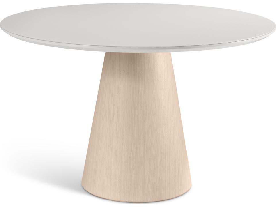 Mona 47-Inch Round Dining Table in Off White Lacquered Glass and Nevoa Wood Veneer