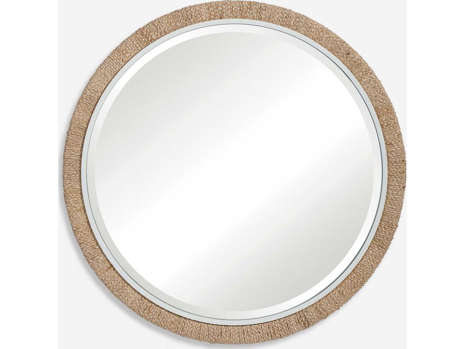 Carbet Round Mirror with Braided Banana Leaf and Matte White Frame