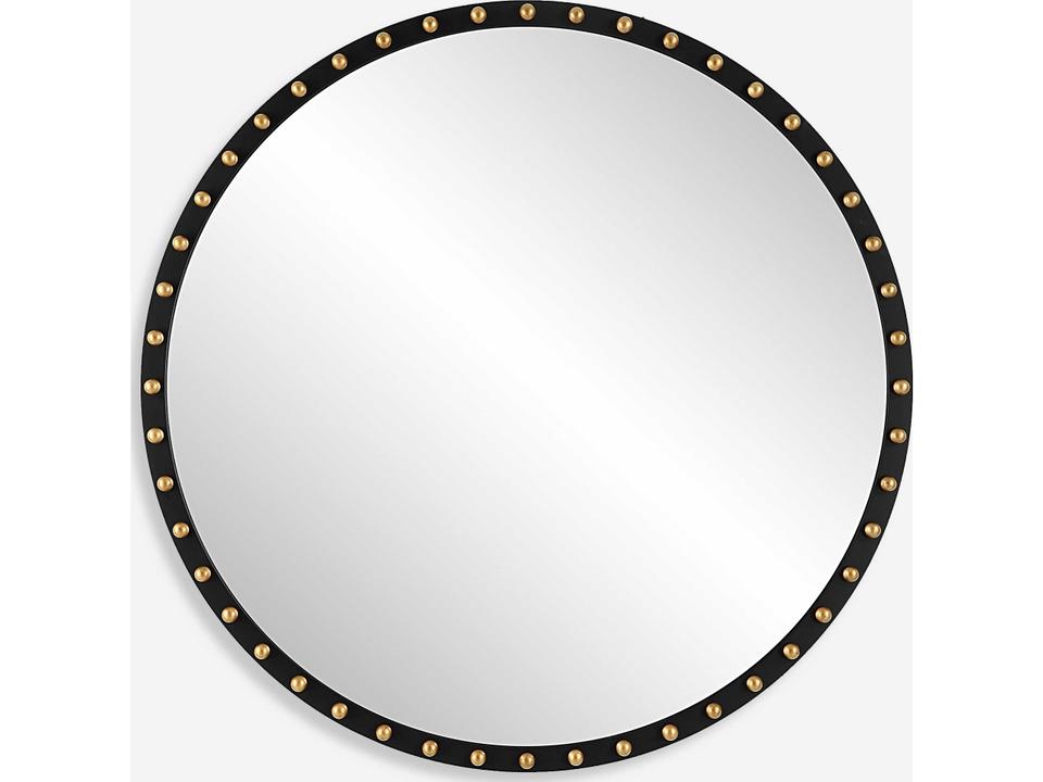 Sele Oversized Round Wall Mirror in Matte Black with Gold Leaf Details
