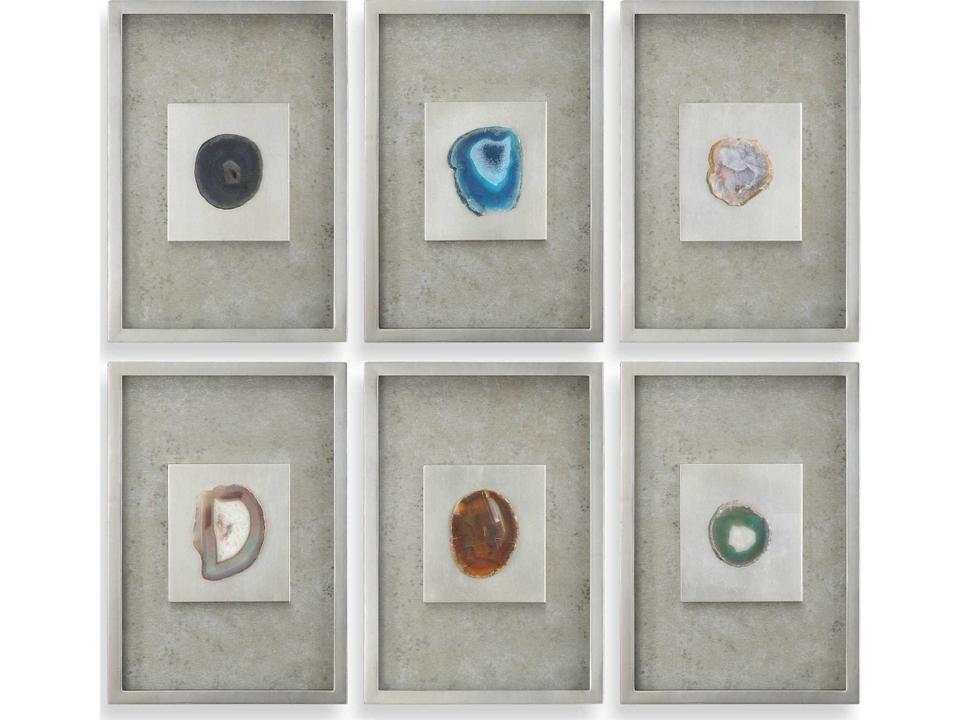 Agate Stone Silver Wall Art Set of 6 with Silver Leaf Shadow Boxes