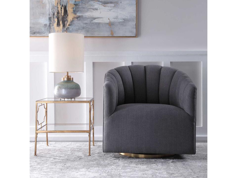 Cuthbert Barrel Back Swivel Accent Chair in Charcoal Gray with Brushed Brass