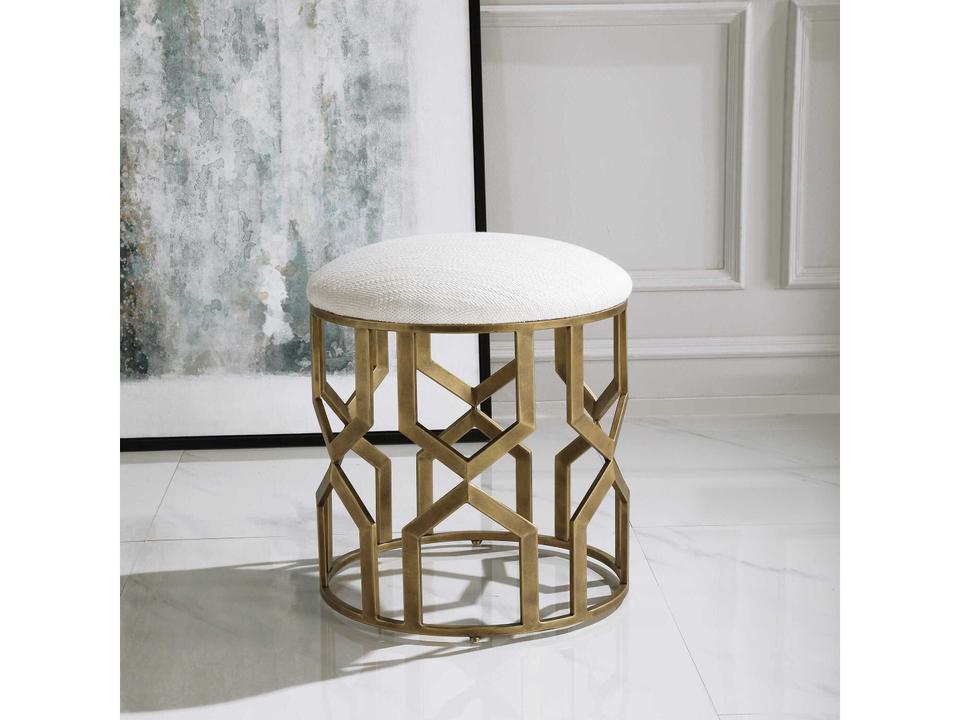 Trellis Geometric Accent Stool in Antique Brushed Brass and White Fabric