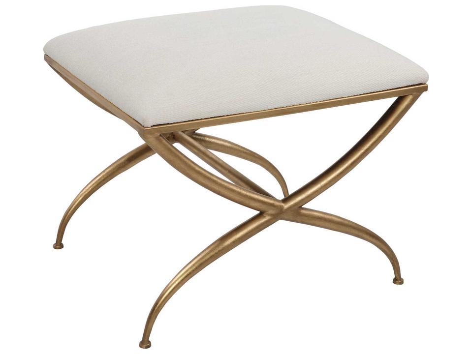 Crossing Gold Leaf Iron Bench with White Polyester Fabric Top
