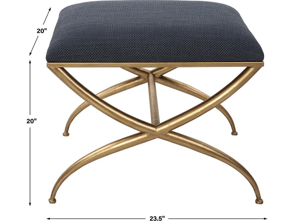 Crossing Small Bench in Textured Navy Blue Fabric with Gold Leaf Finish