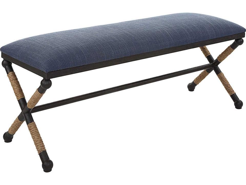 Firth Rustic Iron Bench with Navy Cotton Blend Cushion
