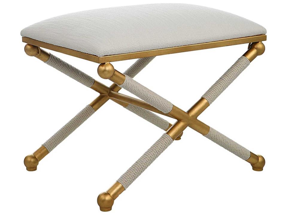 Socialite Small Bench with Gold Leaf Iron Base and White Polyester Fabric