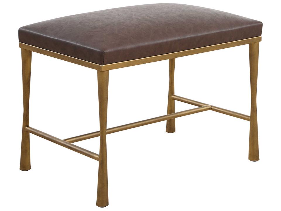 Reform Transitional Accent Bench in Antiqued Gold with Cocoa Faux Leather