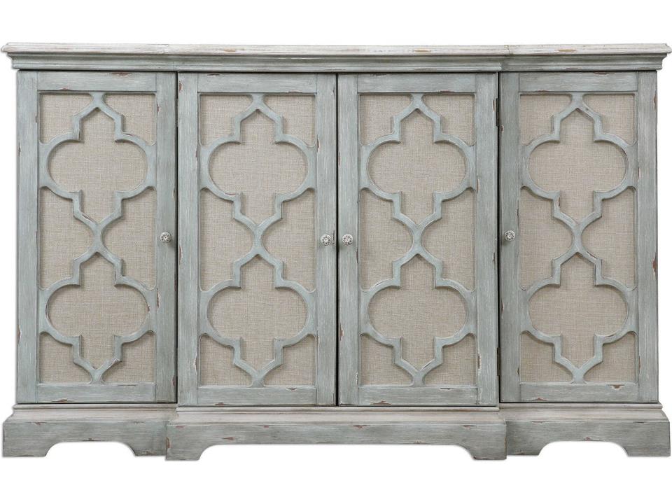 Sophie 4-Door Cabinet in Weathered Sea Gray with Ivory Accents