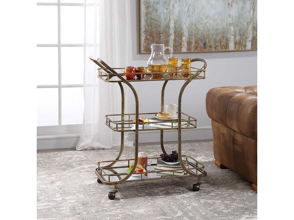 Stassi Hand Forged Iron Serving Cart with Mirrored Shelves Antiqued Gold Finish