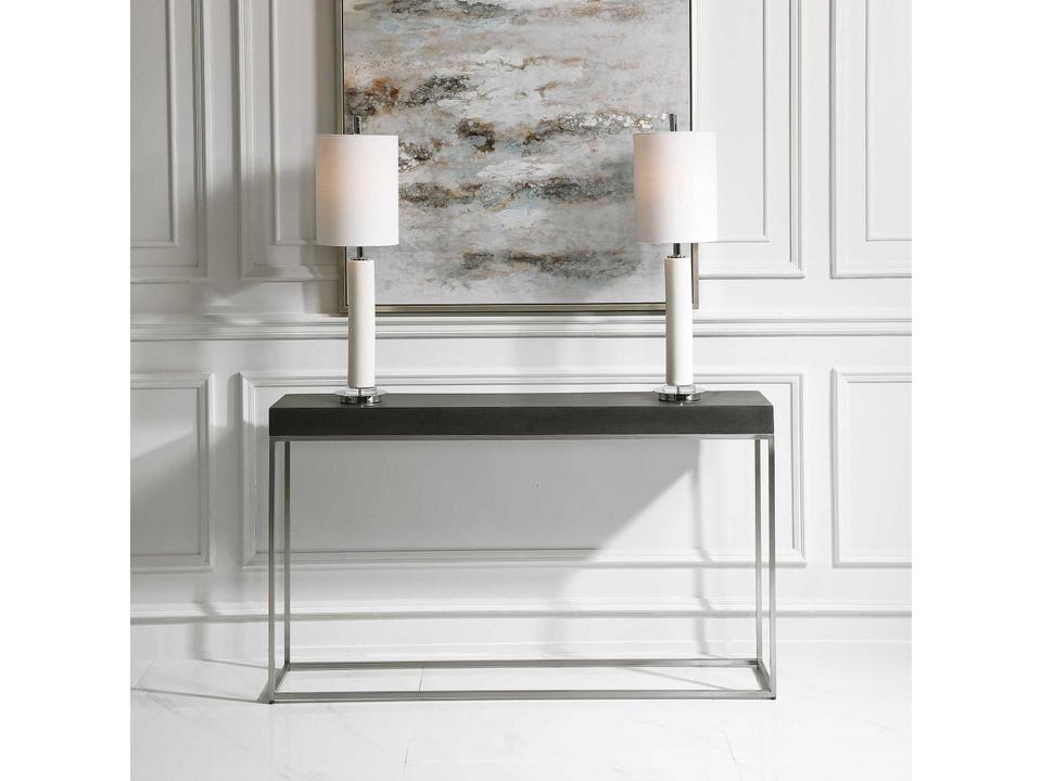 Jase Black Concrete Console Table with Brushed Nickel Stainless Steel Base