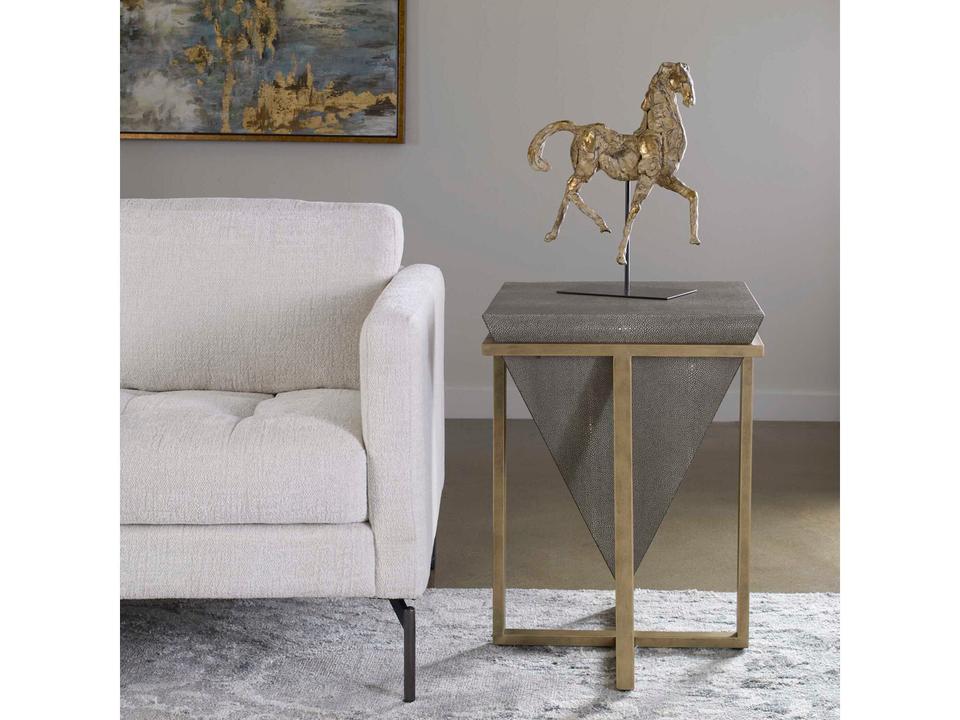 Bertrand Square Accent Table in Mushroom Gray Faux Shagreen and Aged Gold