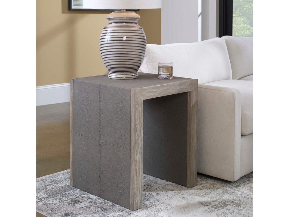 Aerina 20-Inch Square Faux Shagreen End Table in Aged White and Gray
