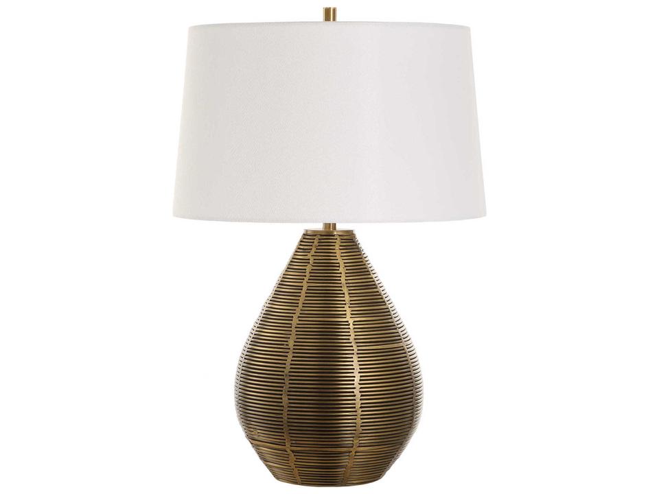 Knowles 1-Light Transitional Table Lamp in Brushed Brass with White Linen Shade