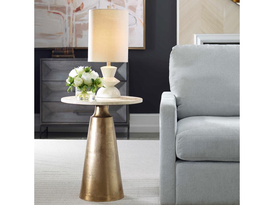 Midsummer Round Accent Table in Antique Brass with Travertine Top