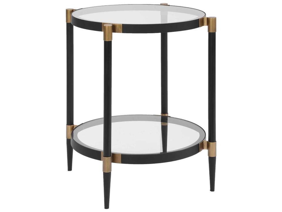 Chadid Round Glass Side Table with Black Iron Frame and Gold Accents