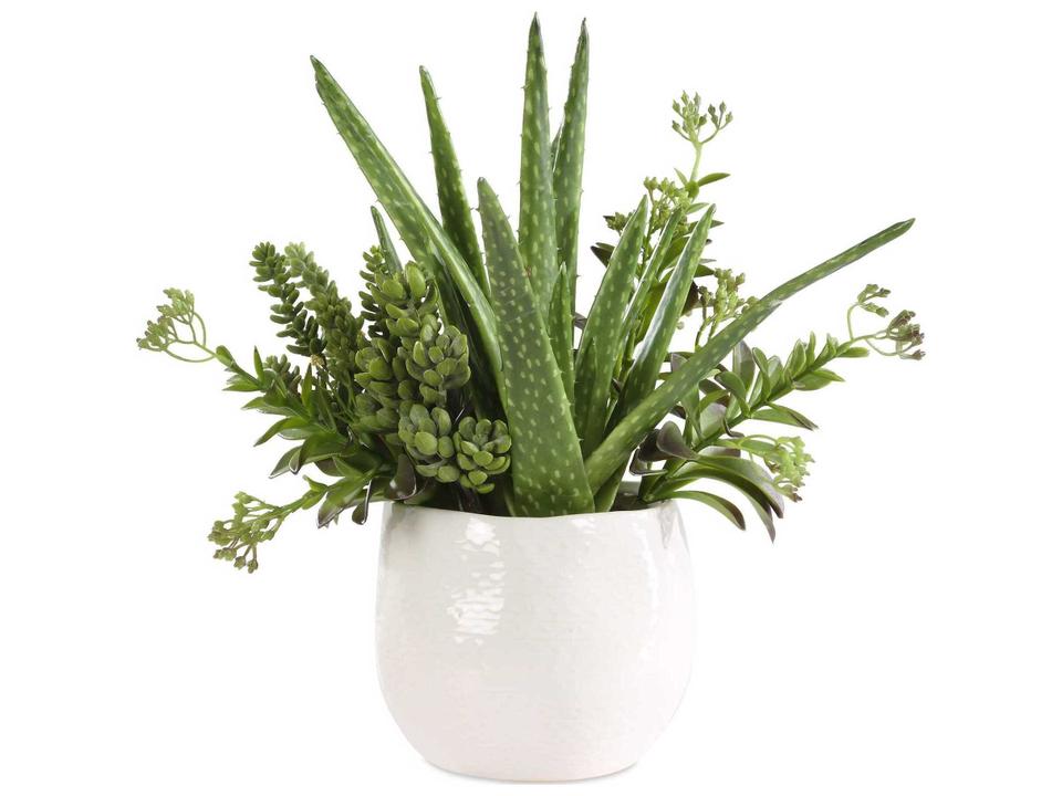 Sundown Succulent Accent Planter in Mottled Gloss White with Greenery